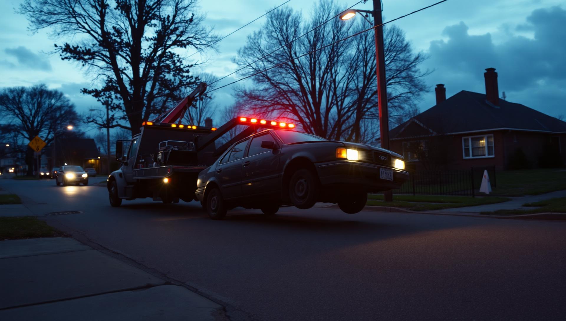 Detroit Junk Car Buyers tow truck loading a junk car at sunset